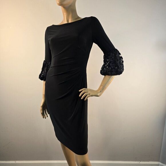 LAUREN RALPH LAUREN Dress Navy Black Lace Bell Sleeve Ruched Sheath Womens Sz 4 - Picture 4 of 12